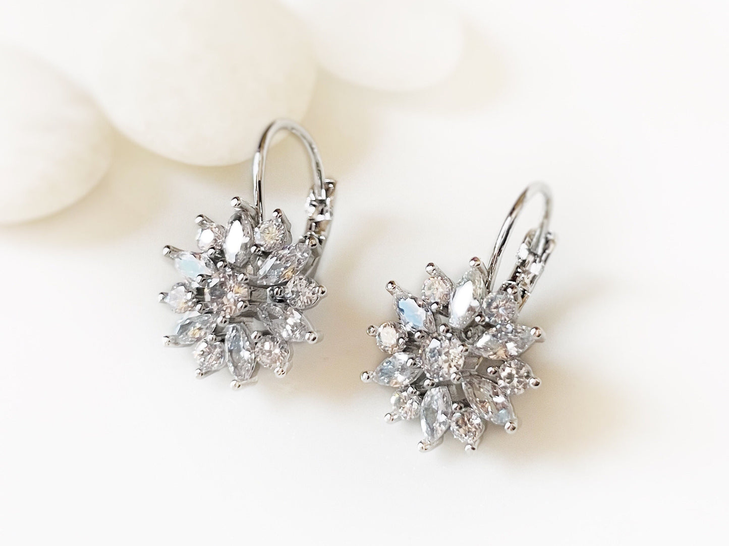 Sapphire flower leverback earrings 18k white gold, bridal earrings, gift for her, gift for mom, September birthstone, birthday gift