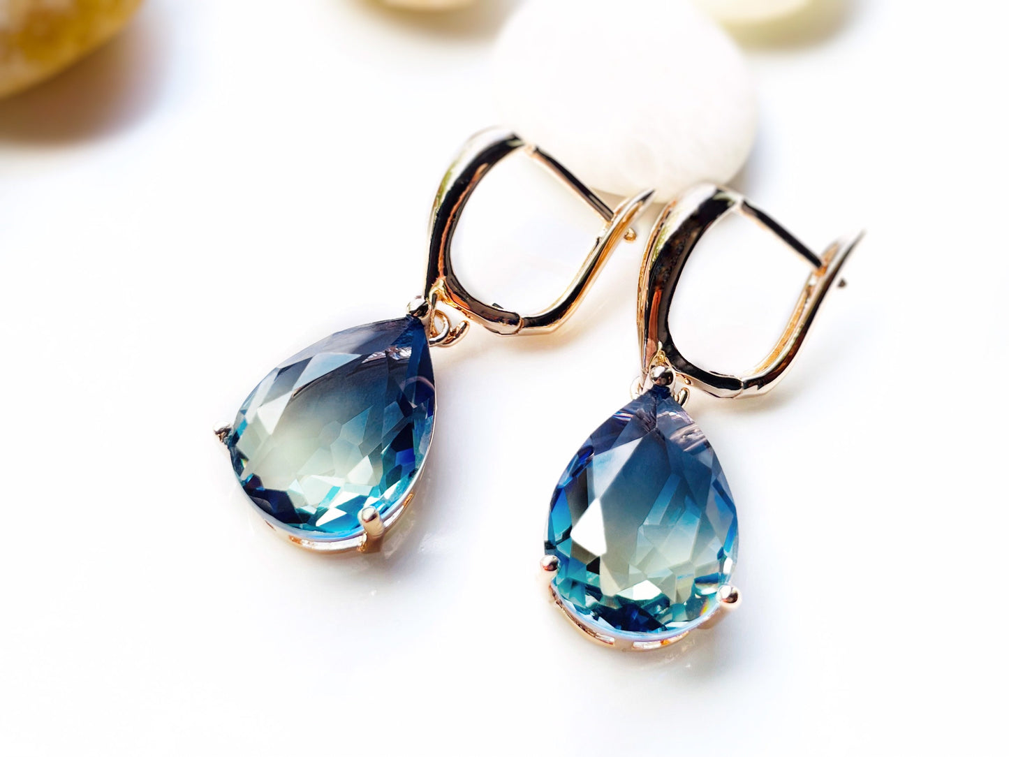 Large bicolor sapphire earring 14k gold, large teardrop bicolor sapphire dangles, gift for her, gift for mom