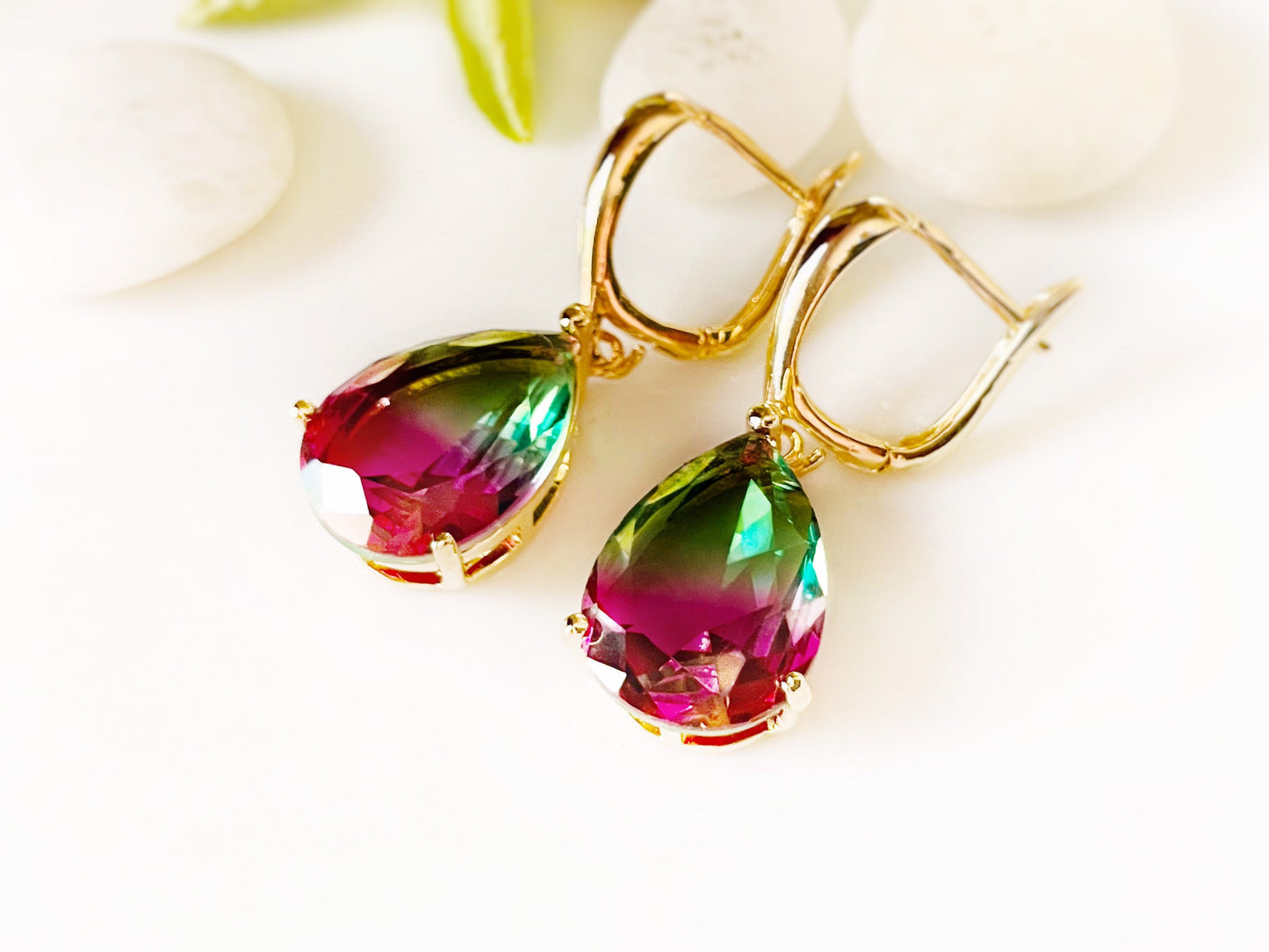 Large watermelon tourmaline dangling earrings gold, bicolor tourmaline earrings, pink green gemstone earrings, gift for her, gift for mom