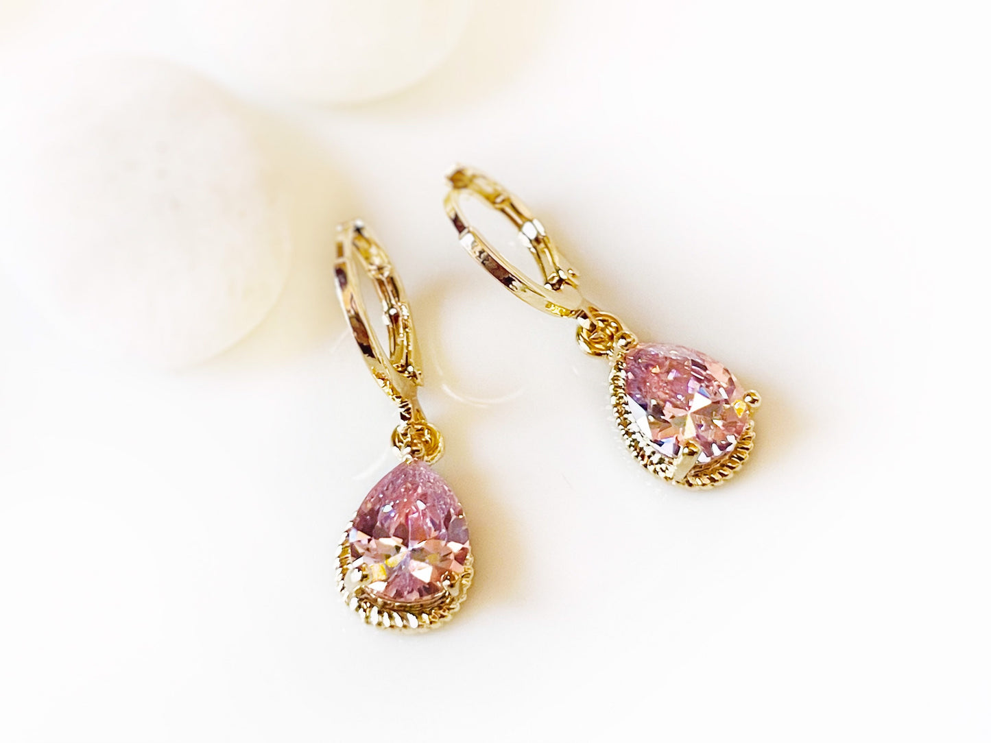 Pink sapphire gemstone huggie dangle earring in 18K white gold, October birthstones, pink gem teardrop earrings, girl earrings, gift for her