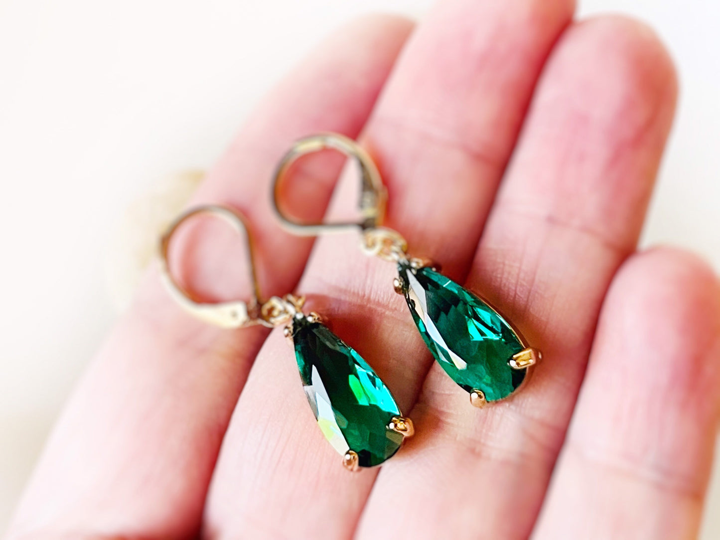 Teardrop emerald gemstone dangle earrings gold, elongated green gemstone gold, gift for her, gift for daughter, May birthstone earrings