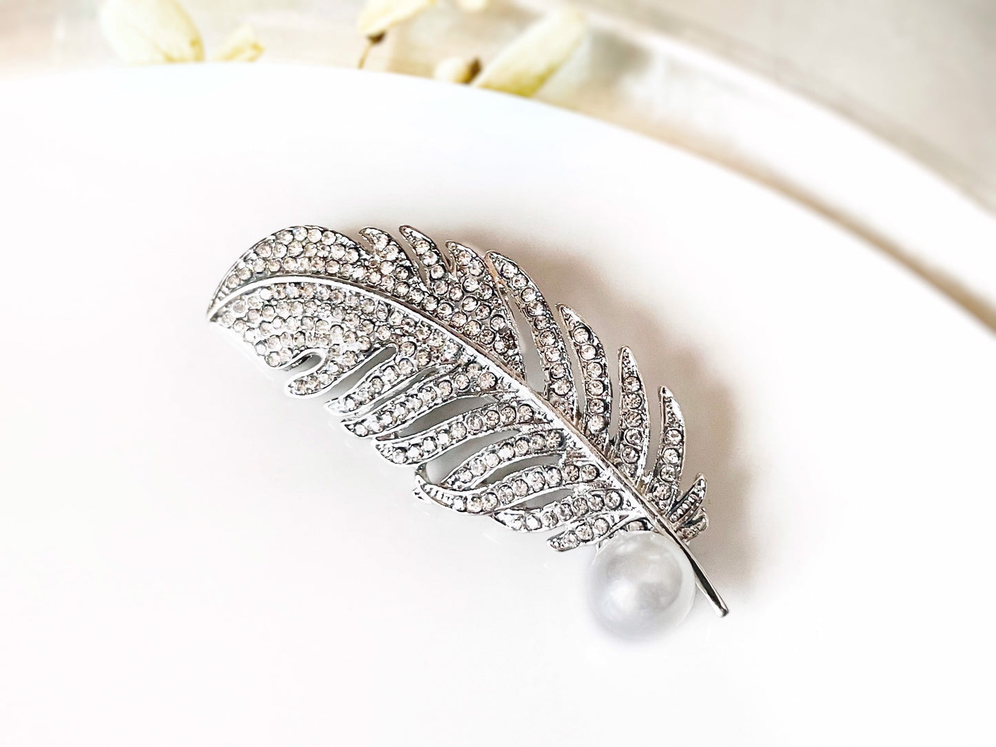 Pearl crystal pave feather brooch pin white gold plated, crystal feather silver brooch, wedding bouquet brooch, gift for her, gift for mom