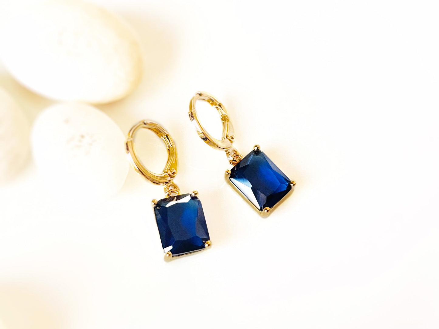 Small emerald cut sapphire dangling earring, small blue gemstone earrings, September birthstone, gift for her
