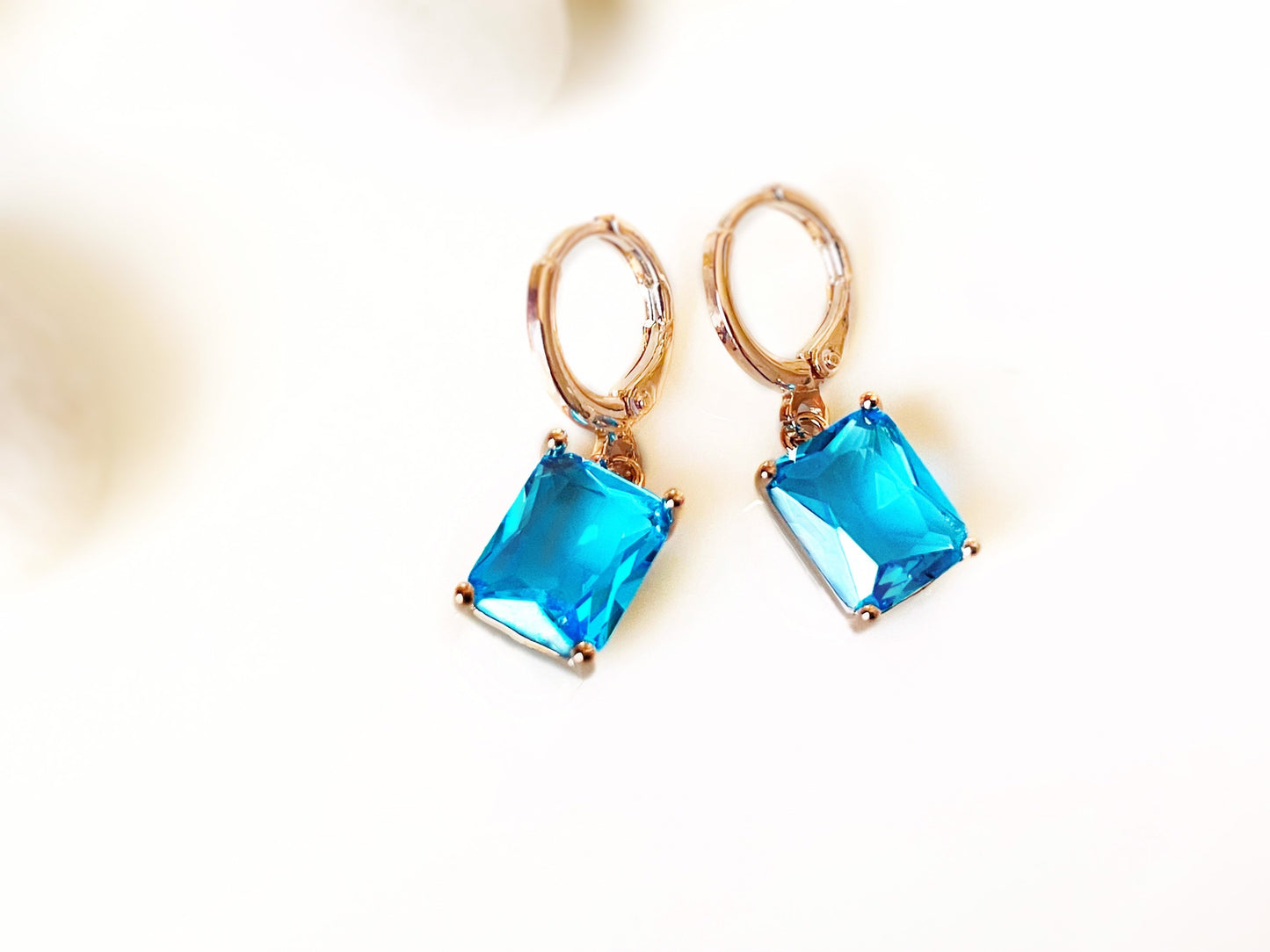 Small emerald cut blue topaz dangle earring, blue gemstone drop earrings, gift for her, gift for girls, December birthstone
