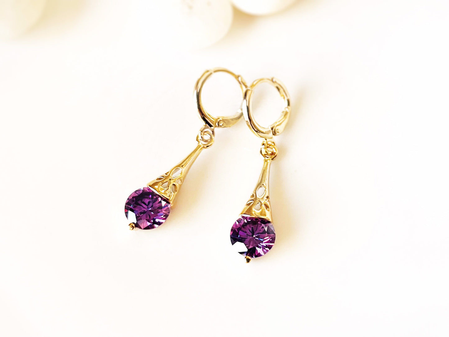 Amethyst filigree dangle earrings, dark purple gemstone drop earrings, gift for her, gift for daughter, February birthstone earrings