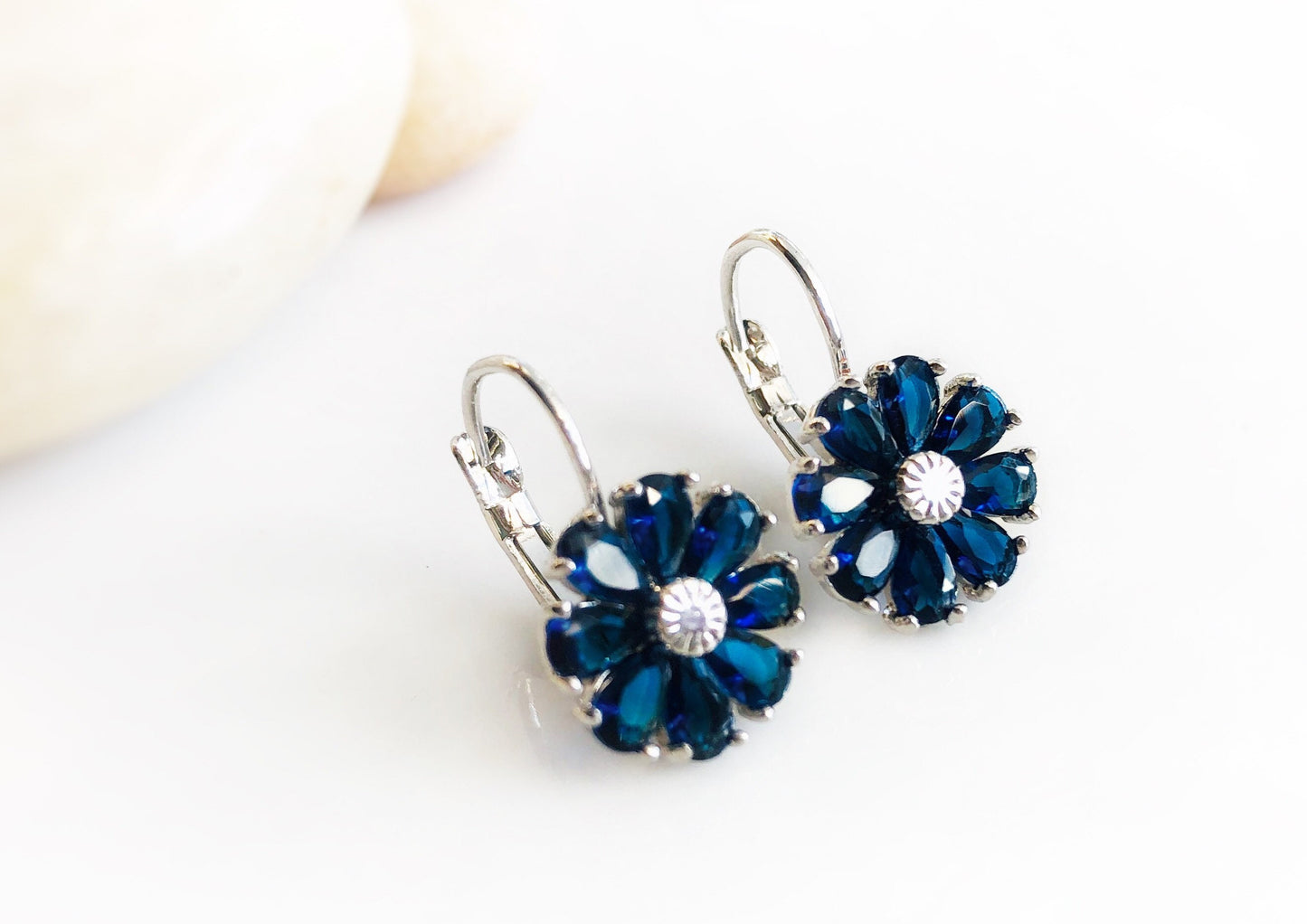 Blue sapphire flower dangle earrings, dark blue gemstone daisy floral earrings, September birthstone earrings, gift for mom, gift for her