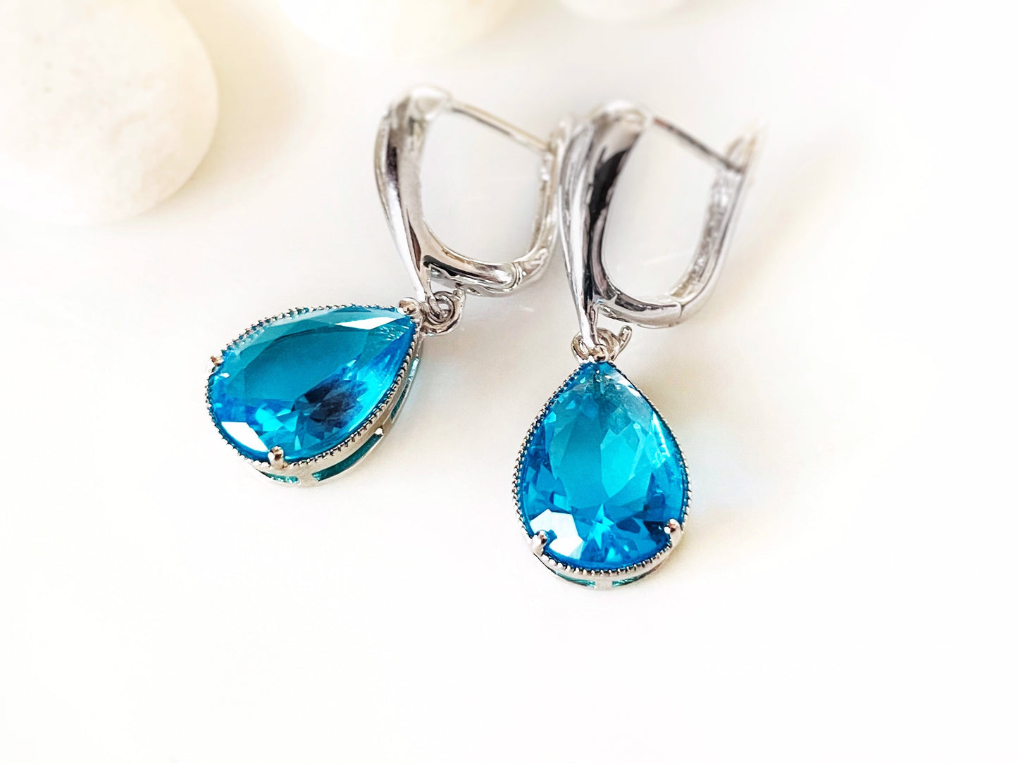 Blue topaz teardrop dangle earrings, December birthstones, blue gemstone earrings, gift for her, gift for mom, bridesmaids earrings