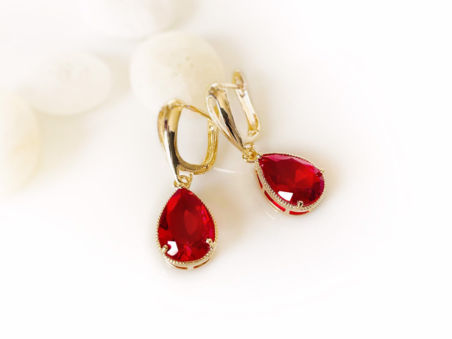 Ruby teardrop dangle earrings, July birthstones, red gemstone earrings, gift for her, gift for mom