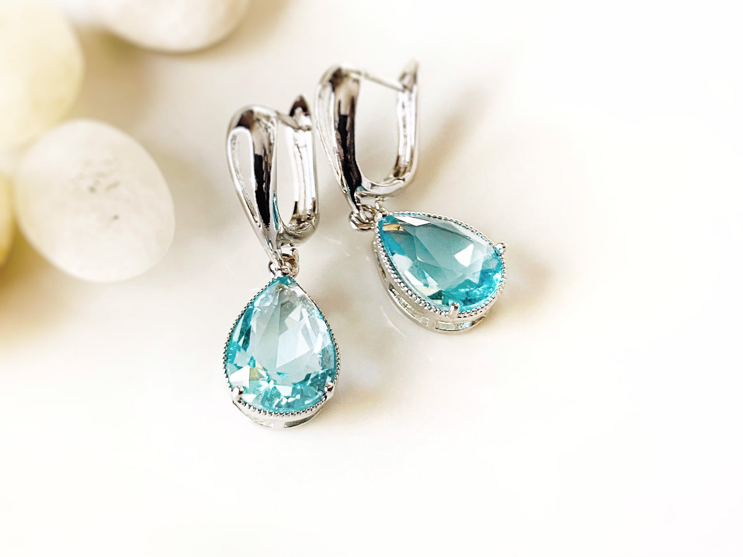 Aquamarine teardrop dangle earrings, March birthstones, light blue gemstone earrings, gift for  mom, bridesmaids earrings