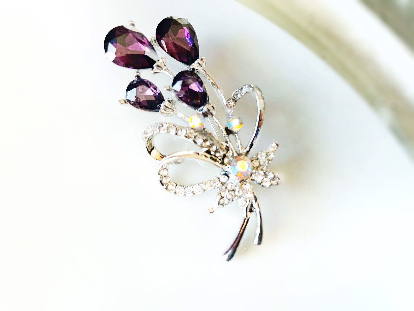 Amethyst crystal bouquet brooch, purple crystal floral lapel pin