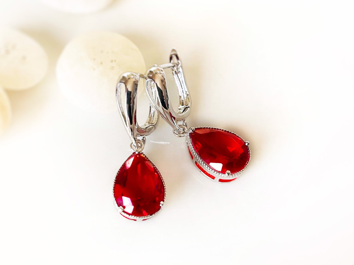 Ruby teardrop dangle earrings, July birthstones, red gemstone earrings, gift for her, gift for mom