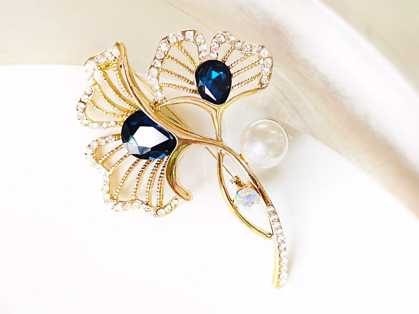 Sapphire pearl flower brooch pin, double gingo crystal pearl brooch, wedding bouquet brooch, gift for mother, gift for her