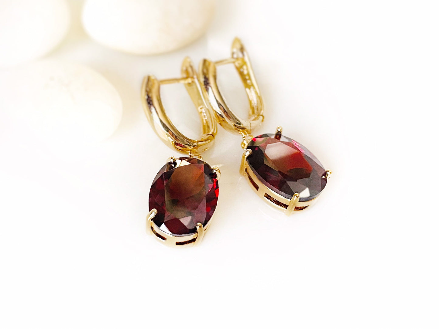 Large cushion cut garnet dangling earrings, dark red gems drop earrings, for her, gift for mom, bridal earrings, January birthstone