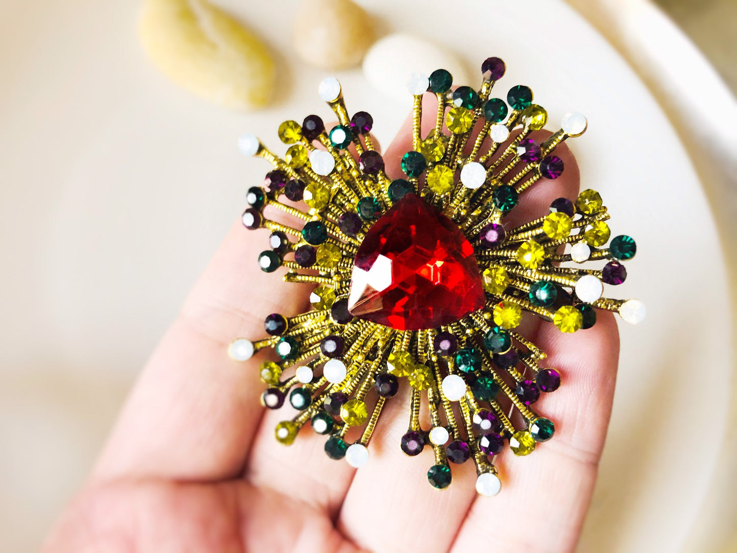 Large black crystal starburst brooch pin, large black statement crystal pin pendant  gift for mom, gift for her