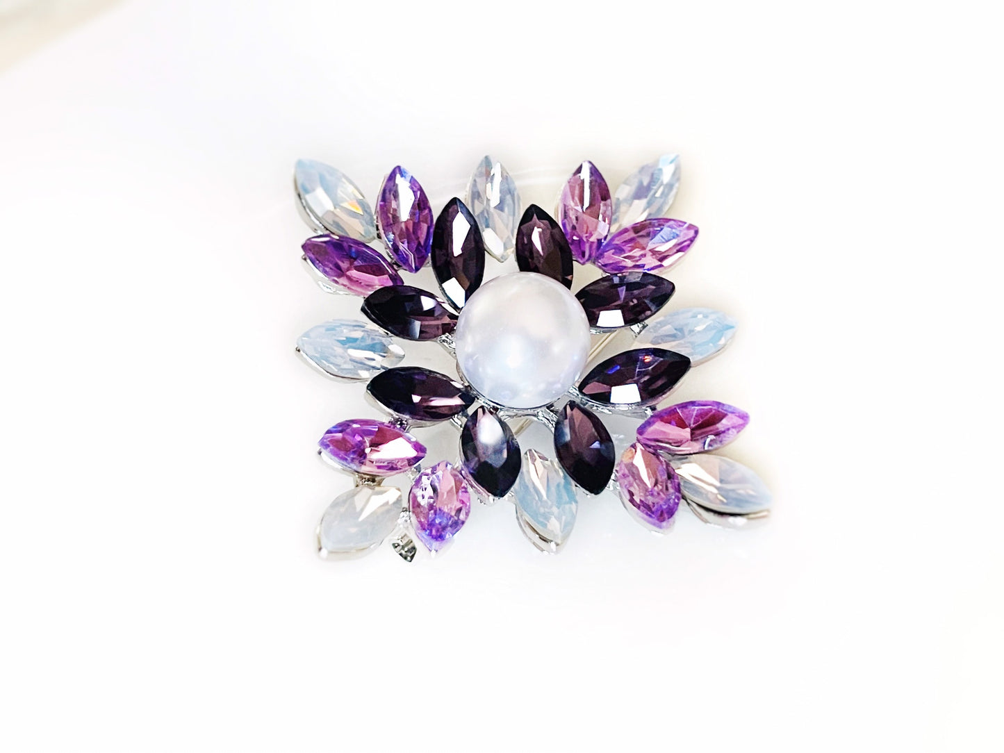 Purple opal pearl Fancy crystal silver brooch, amethyst purple white statement pearl brooch pin, gift or mother, gift for her