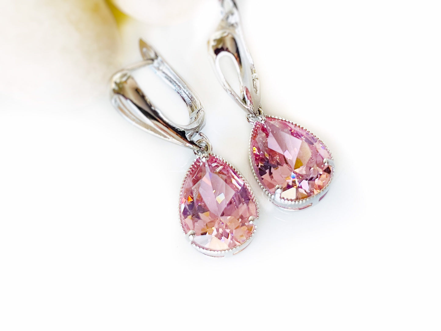 Large Pink sapphire dangle earrings, large teardrop pink gemstone drop earrings, gift for her, gift for mom, October birthstone