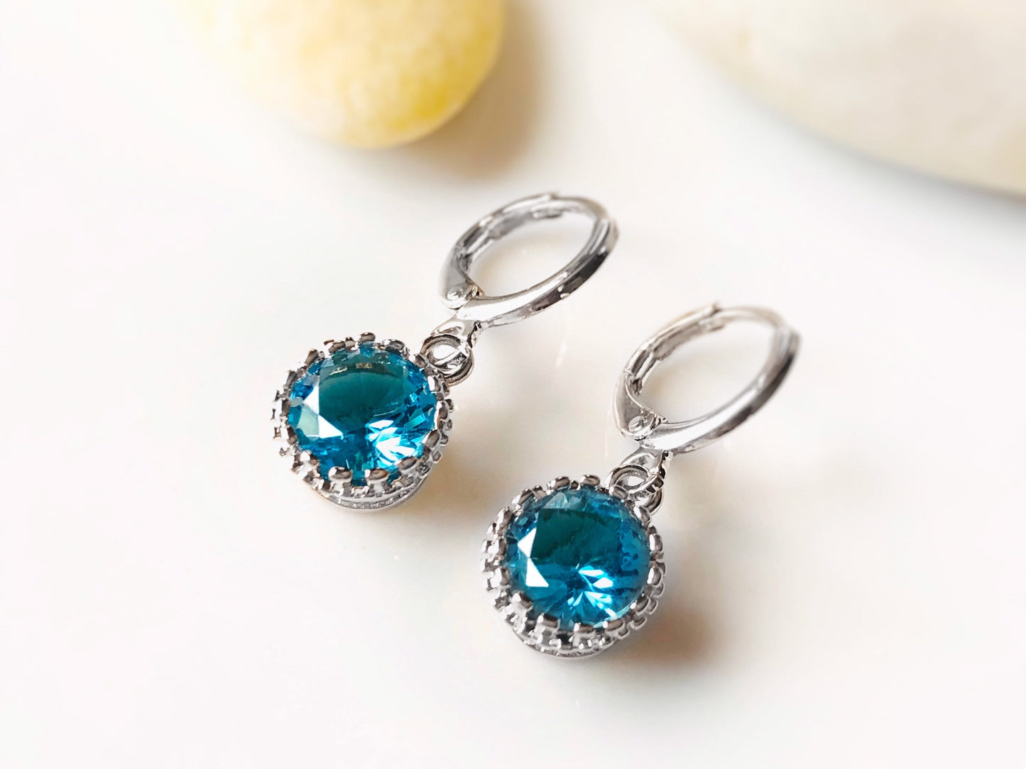 Blue topaz 8mm bezel dangle earrings, blue gemstone drop earrings, gift for her, gift for daughter, December birthstone earrings