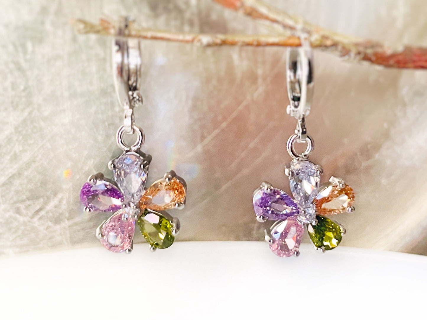 Pink sapphire flower dangle earrings, amethyst 2pc jewelry set, rainbow flower earrings, birthstone earrings, gift for her