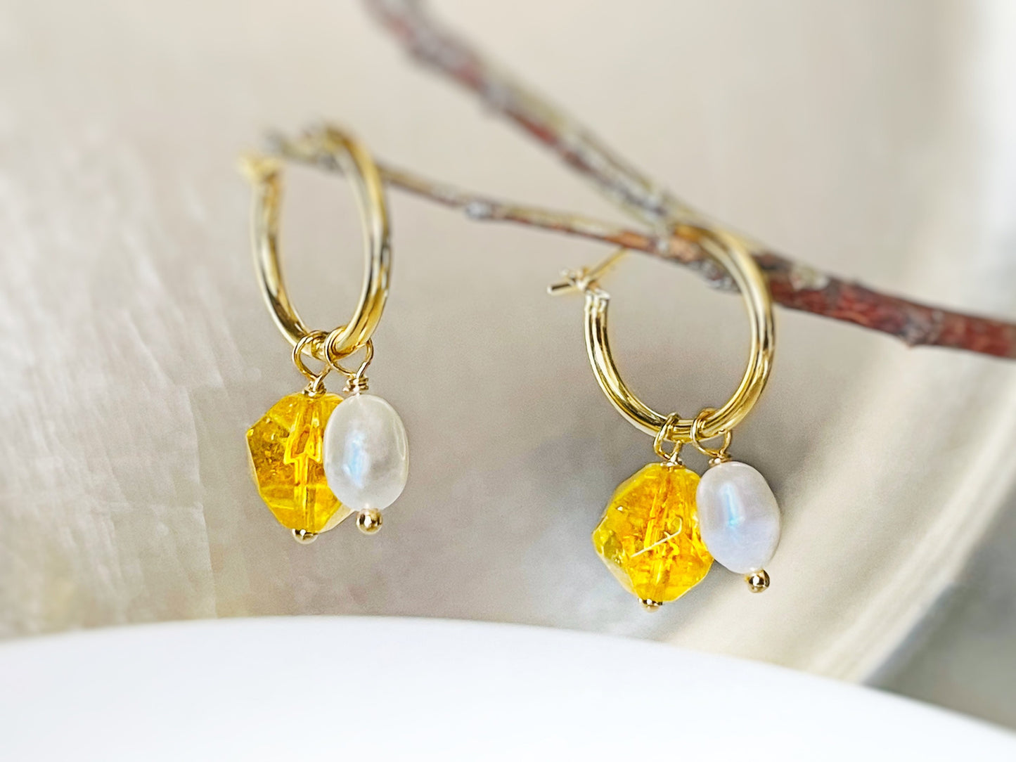 Rose quartz pearl gold hoop earrings, handmade natural pink gemstone pearl earrings, gift for her, gift for mom, October birthstone