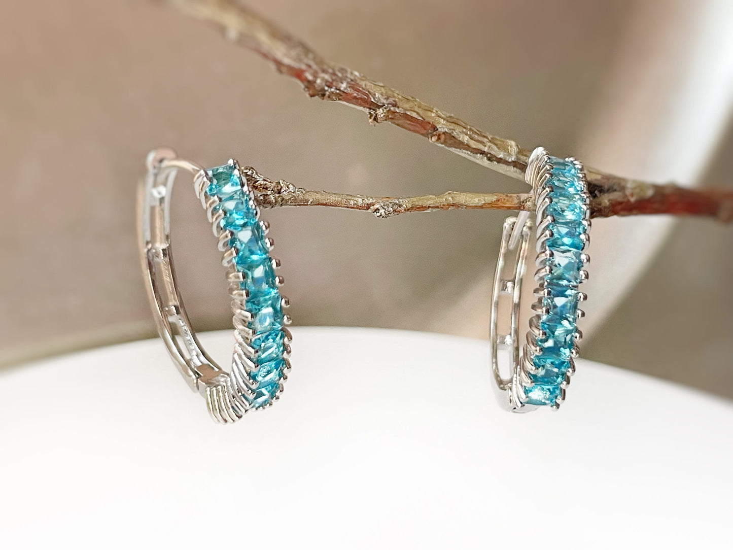 White sapphire hoops earrings, white gemstone 1” hoops, gift for her, gift for mom, April birthstone