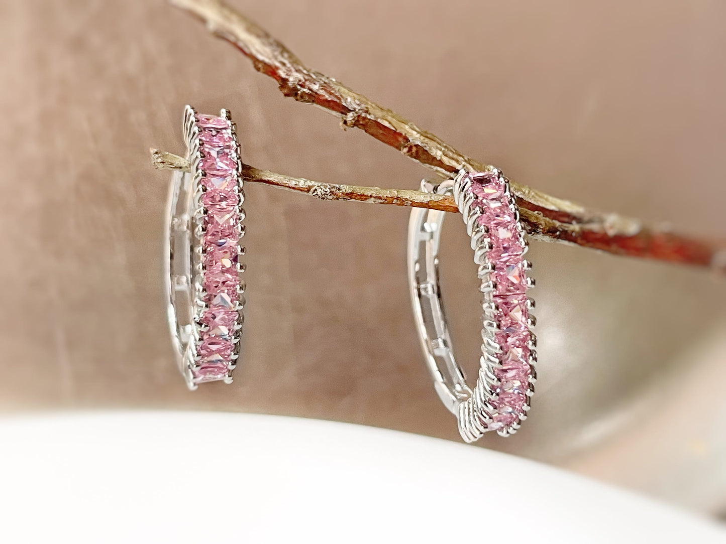 White sapphire hoops earrings, white gemstone 1” hoops, gift for her, gift for mom, April birthstone