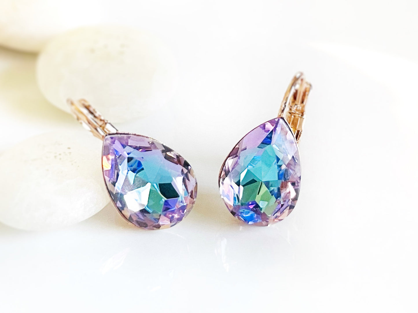 Mystic amethyst crystal teardrop earrings, lavender blue color earrings, fancy crystal studs, gift for mom, gift for her