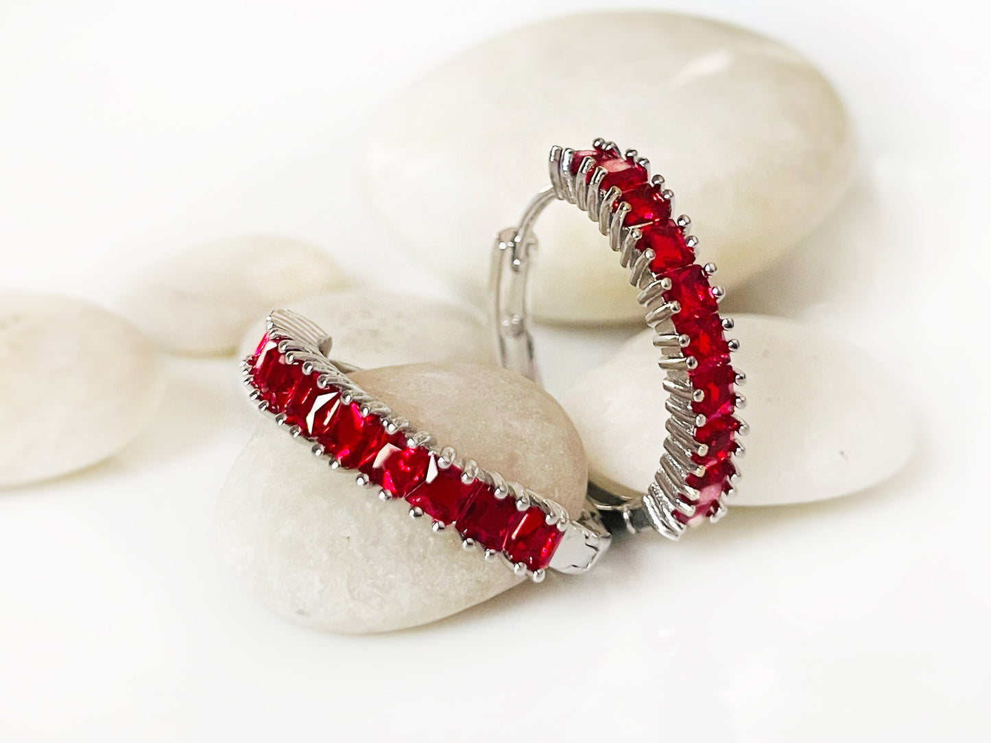 White sapphire hoops earrings, white gemstone 1” hoops, gift for her, gift for mom, April birthstone