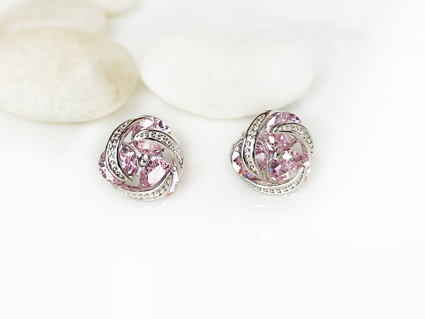 Rainbow three stone love knot stud earrings, cluster multicolored gemstone statement studs, gift for her, gift for mom