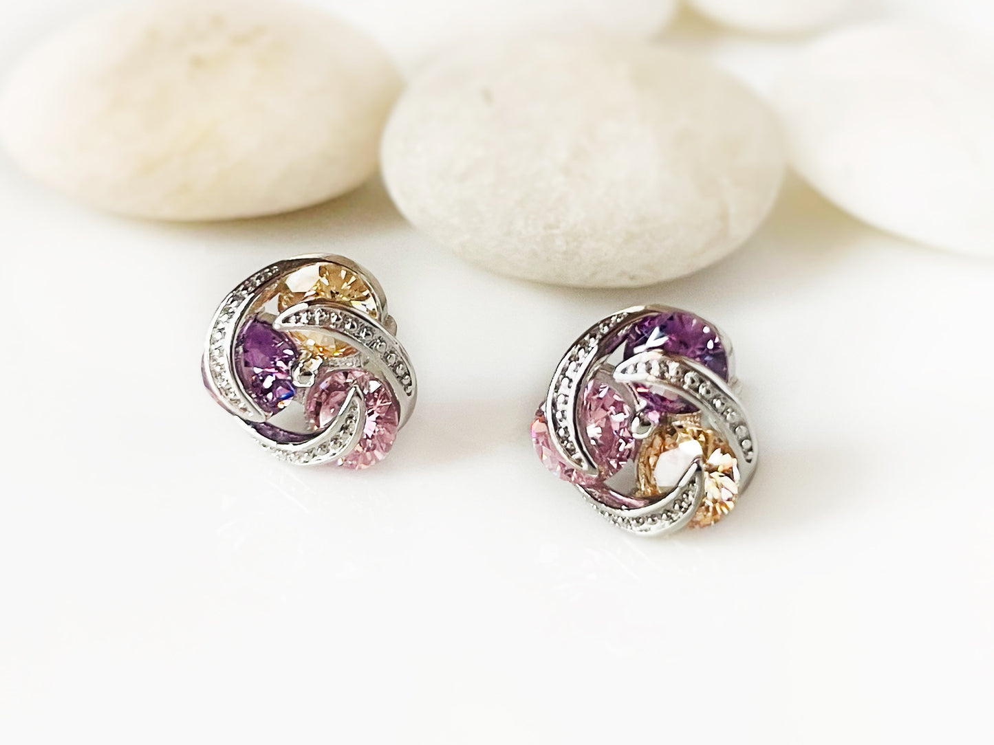 Rainbow three stone love knot stud earrings, cluster multicolored gemstone statement studs, gift for her, gift for mom