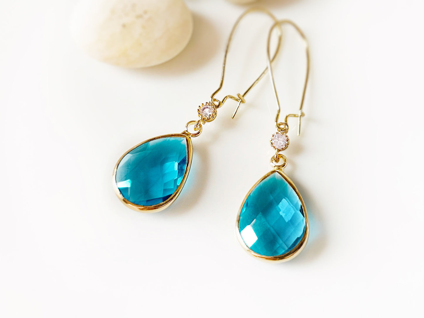 Large London blue long dangle earrings gold, blue long teardrop earring, gift for her, bridal statement earring, December birthstone