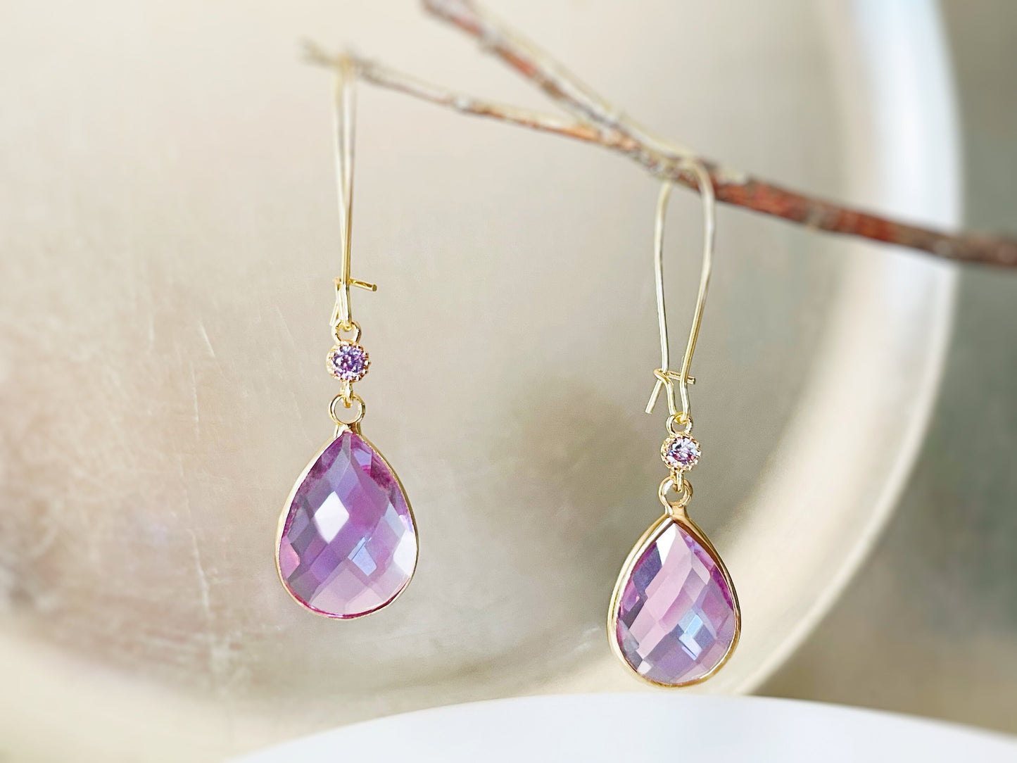 Large pink sapphire long dangle earrings gold, pink gemstone long teardrop, gift for her, bridal statement earrings, October birthstone
