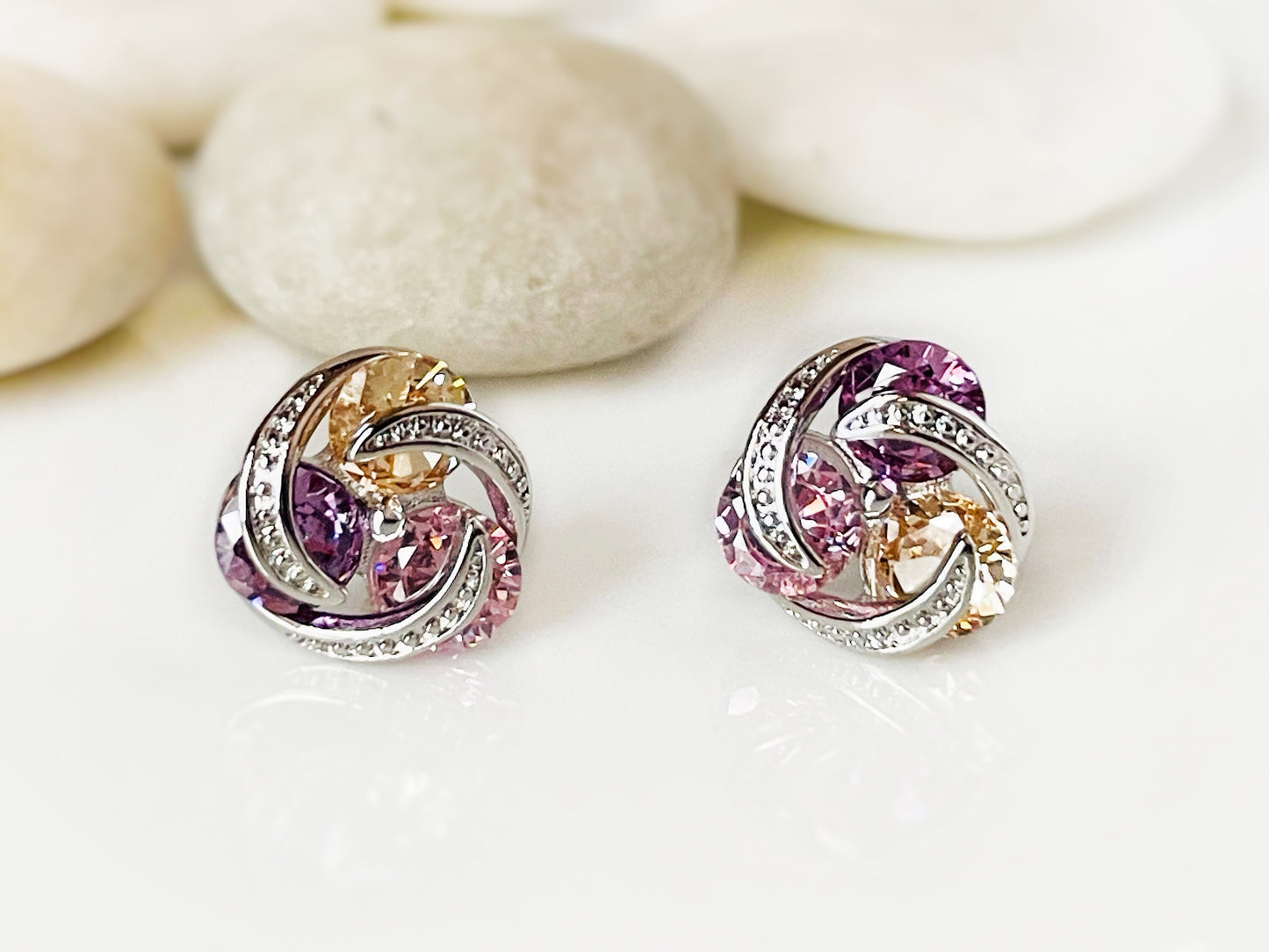 Rainbow three stone love knot stud earrings, cluster multicolored gemstone statement studs, gift for her, gift for mom