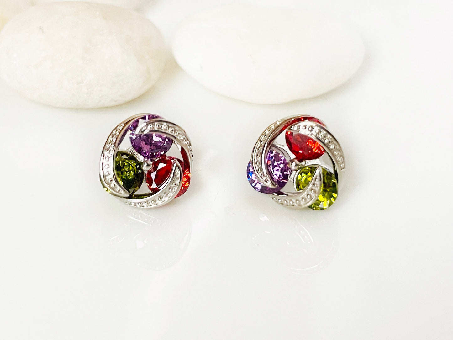 Rainbow three stone love knot stud earrings, cluster multicolored gemstone statement studs, gift for her, gift for mom