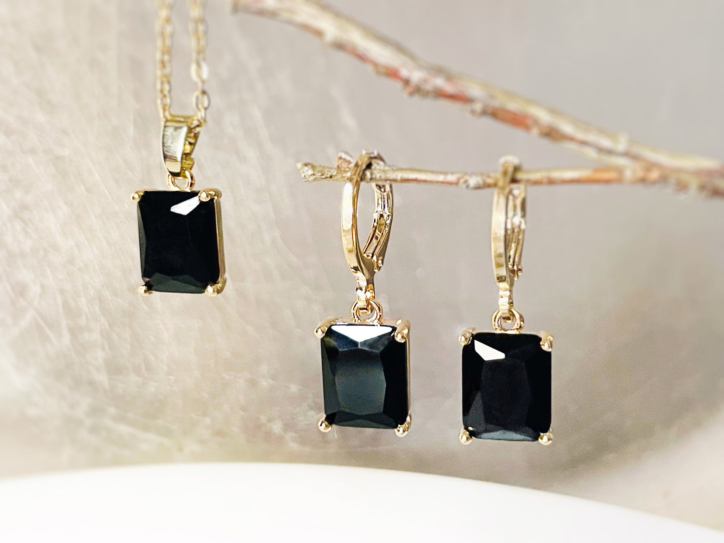 Small emerald cut onyx 2pc jewelry set, black gemstone earring necklace set, rectangular dangles, gift for women, gift for girls
