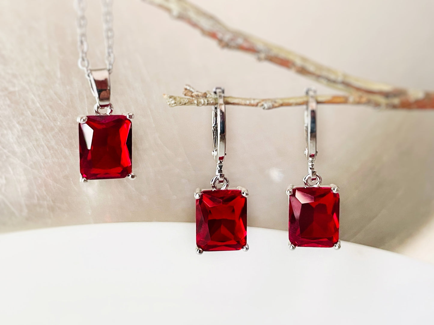 Small emerald cut ruby 2pc jewelry set, red gemstone earring necklace set, rectangular dangle, gift for her, gift for girl, July birthstone
