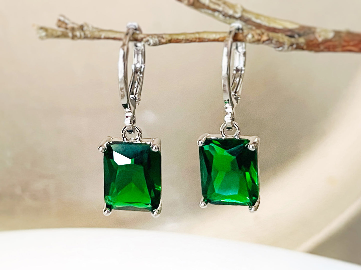Small emerald cut emerald dangle earring, green gemstone drop earrings, gift for her, gift for girls, May birthstone
