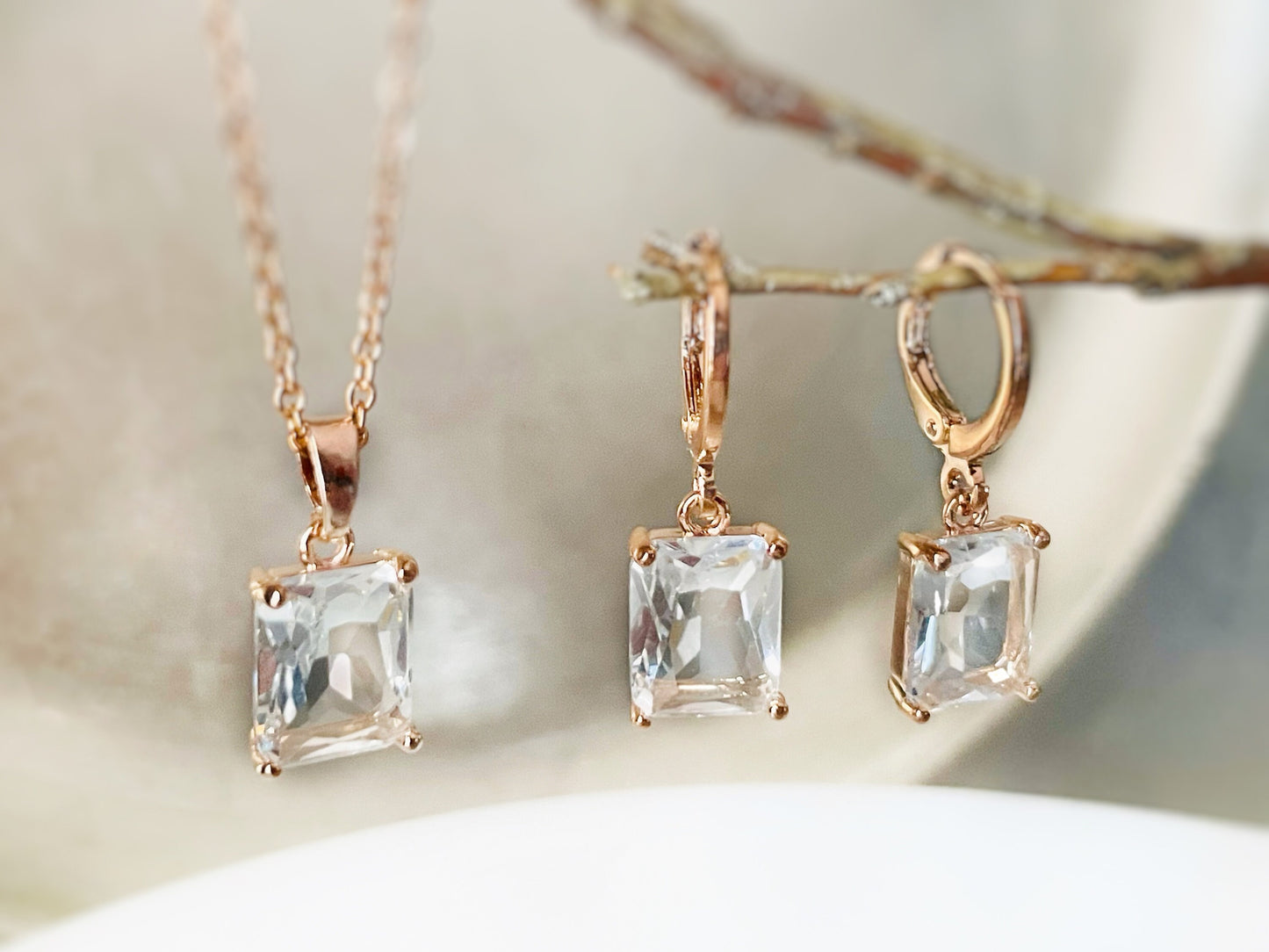 Small emerald cut gemstone 2pc jewelry set, gemstone earring necklace set, birthday gift, gift for her, gift for girl, bridesmaids gift