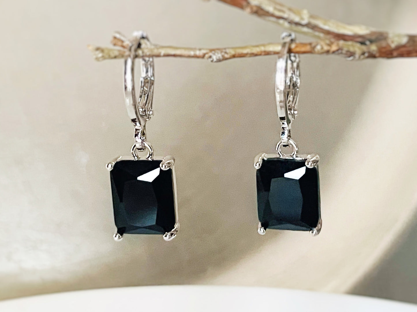 Small emerald cut onyx 2pc jewelry set, black gemstone earring necklace set, rectangular dangles, gift for women, gift for girls