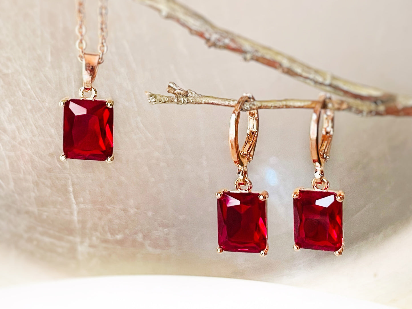 Small emerald cut ruby 2pc jewelry set, red gemstone earring necklace set, rectangular dangle, gift for her, gift for girl, July birthstone