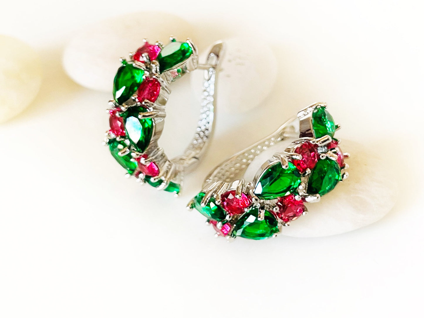 Green jade pink tourmaline hoop earrings, green pink gem hoop earrings, large statement earrings, gift for mom, gift for her