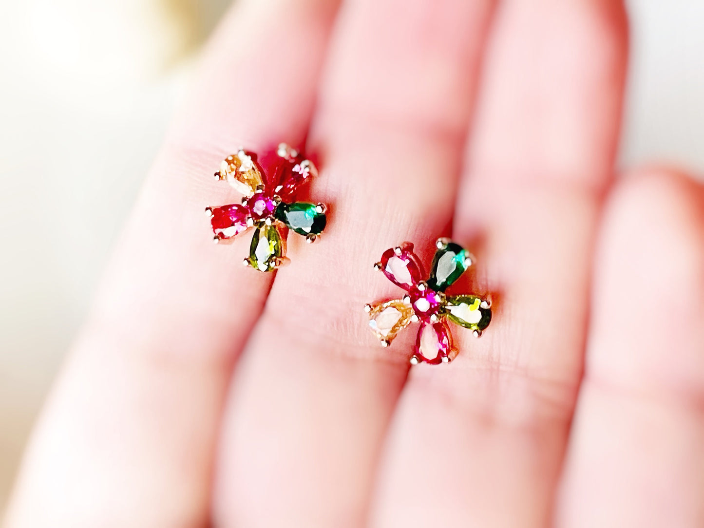 Small multicolor flower stud earrings, rainbows tourmaline gemstone flower earrings, gift for her, gift for daughter, gift for girls