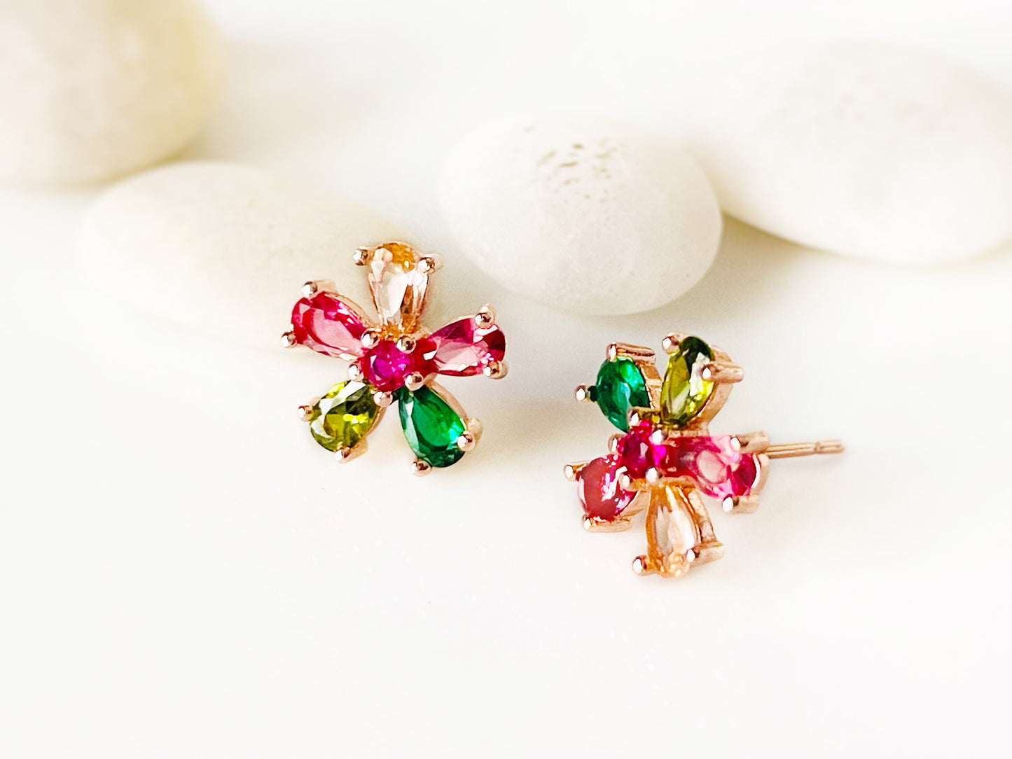 Small multicolor flower stud earrings, rainbows tourmaline gemstone flower earrings, gift for her, gift for daughter, gift for girls