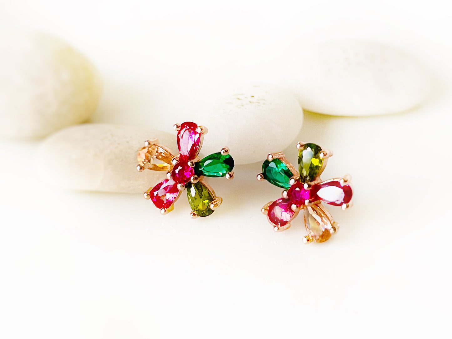 Small multicolor flower stud earrings, rainbows tourmaline gemstone flower earrings, gift for her, gift for daughter, gift for girls