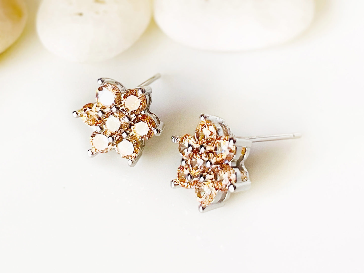 Small honey topaz flower stud earrings, small red gemstone cluster floral studs, November birthstone, gift for women, gift for girls