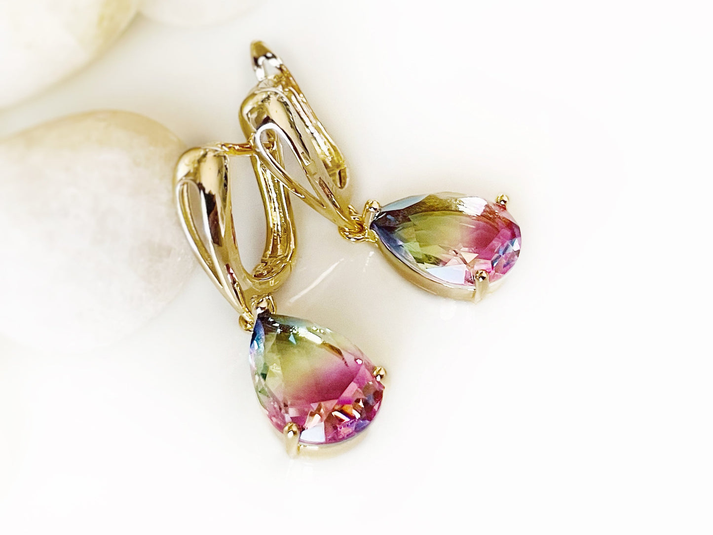 Rainbow tourmaline dangle earring, gradient tourmaline teardrop earring, pastel blue green pink gemstone earring, gift for her, gift for mom