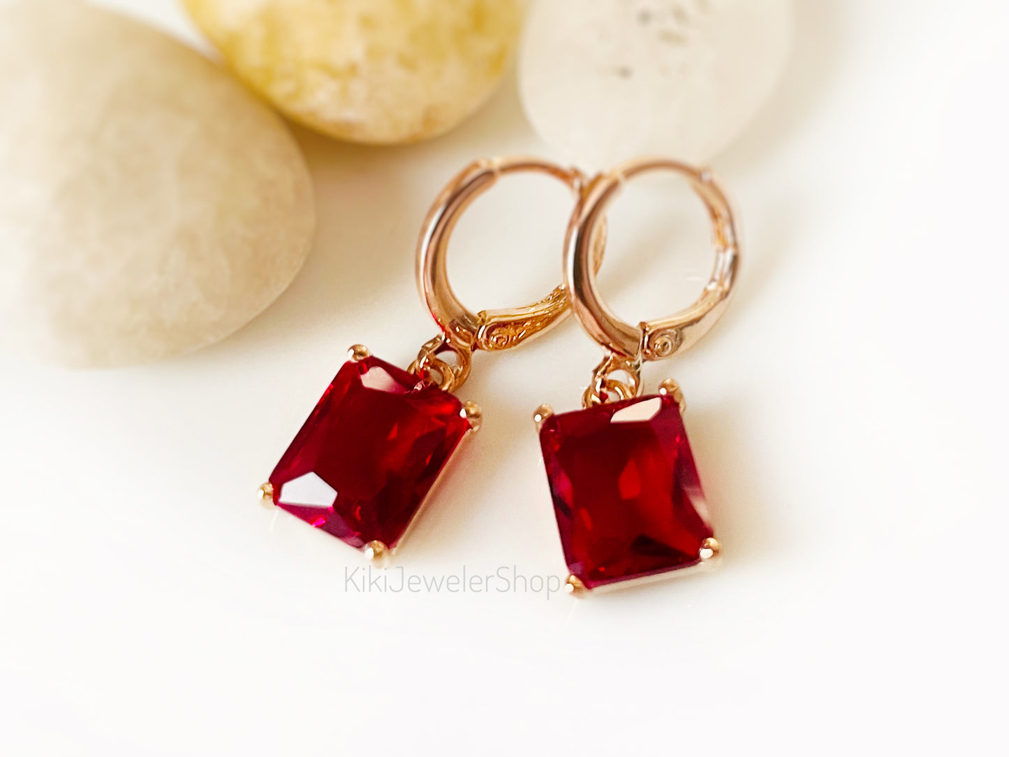 Small emerald cut ruby 2pc jewelry set