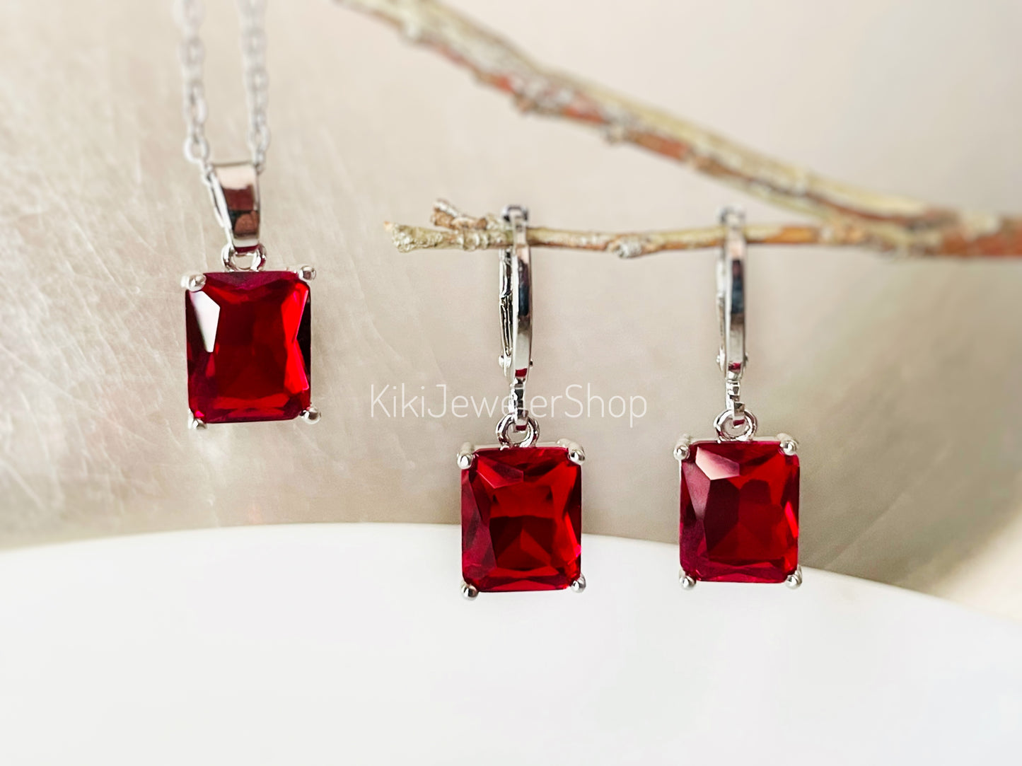Small emerald cut ruby 2pc jewelry set