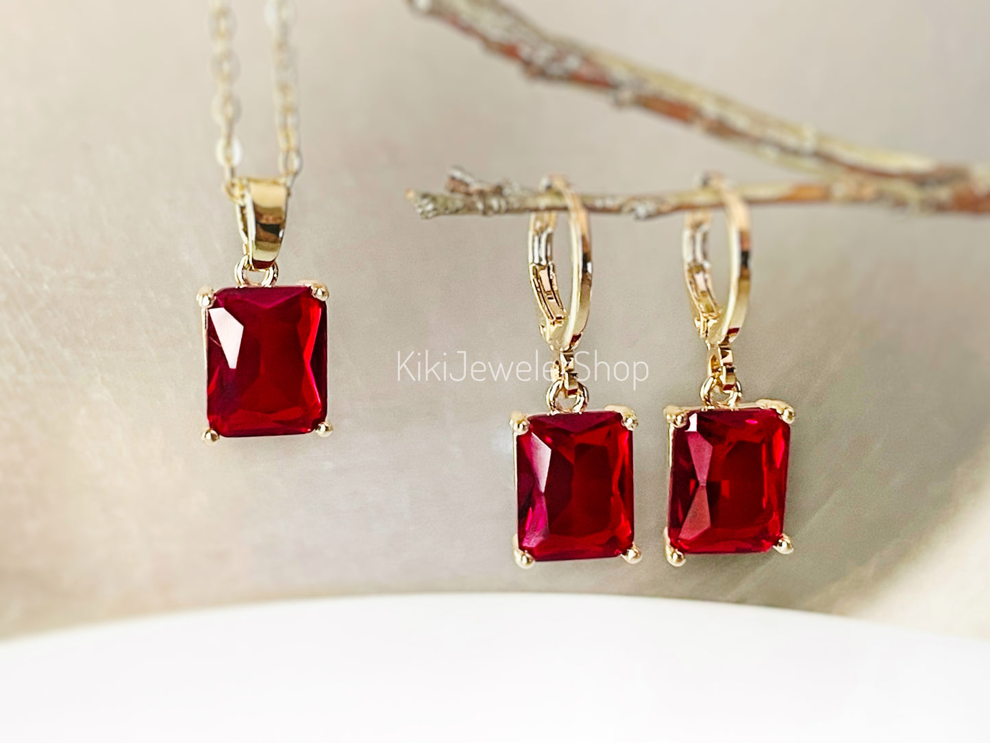 Small emerald cut ruby 2pc jewelry set