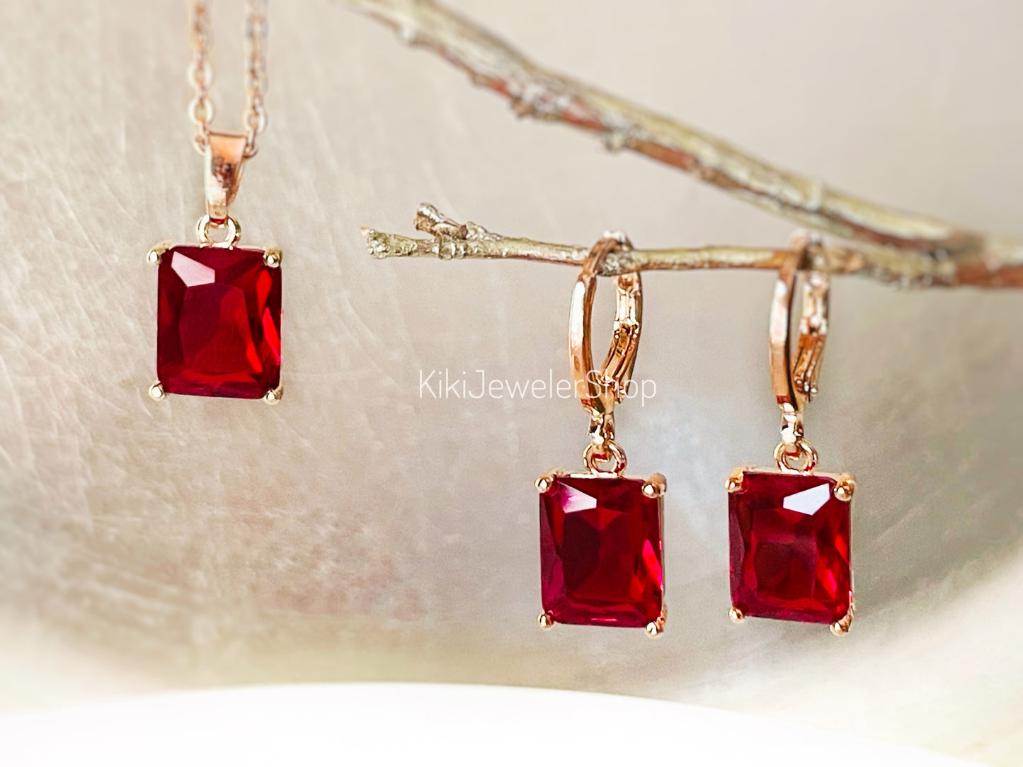 Small emerald cut ruby 2pc jewelry set