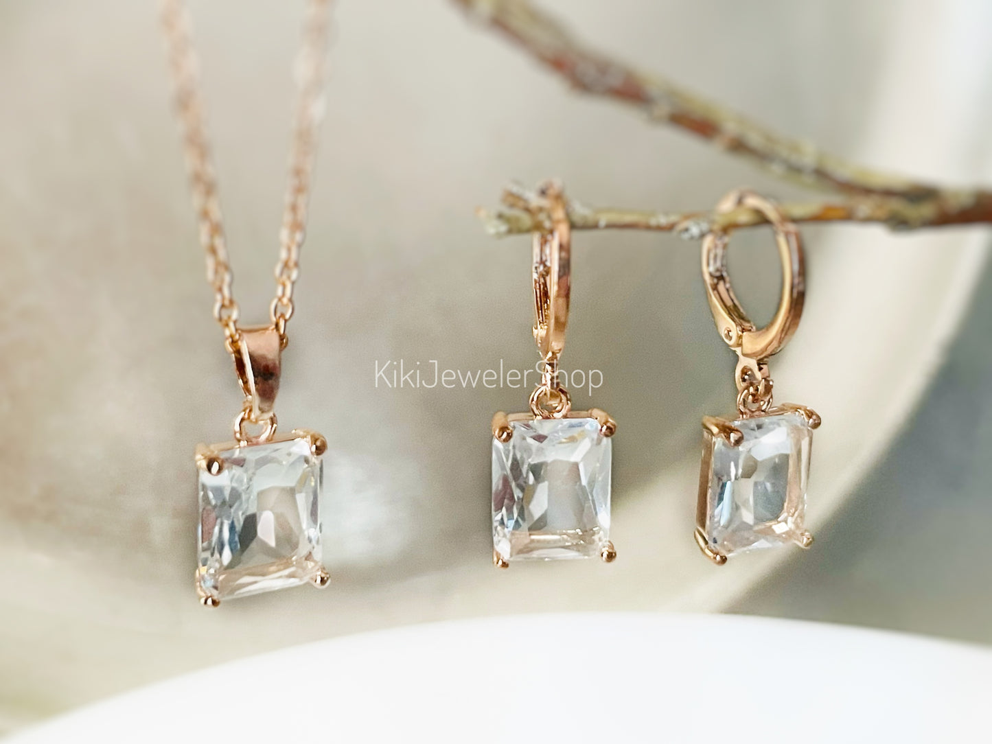White sapphire 2pc jewelry set small emerald cut